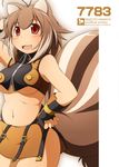  animal_ears antenna_hair blazblue blush breasts brown_hair fingerless_gloves gloves hand_on_hip highres large_breasts makoto_nanaya mirano orange_skirt red_eyes skirt solo squirrel_ears squirrel_tail tail underboob 