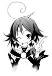  :d ;d ahoge arm_warmers breasts cape choker collarbone earrings flat_chest greyscale jewelry kazumi_(kazumi_magica) magical_girl mahou_shoujo_kazumi_magica mahou_shoujo_madoka_magica monochrome one_eye_closed open_mouth short_hair small_breasts smile underboob upper_body ushiki_yoshitaka 