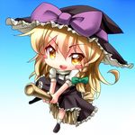  blonde_hair blue_background blush_stickers braid broom broom_riding chibi dress hat kimagure_ringo kirisame_marisa long_hair single_braid solo touhou witch_hat yellow_eyes 