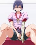  bad_id bad_pixiv_id bakemonogatari bandages bike_shorts black_hair blush brown_eyes fingering kanbaru_suruga masturbation monogatari_(series) nisemonogatari panties panties_aside pulled_by_self purple_hair pussy shino_(comic_penguin_club) short_hair shorts shorts_pull sitting solo spread_legs sweat tongue underwear 