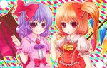  bad_id bad_pixiv_id banned_artist bat_wings blonde_hair brooch fang flandre_scarlet jewelry long_hair multiple_girls purple_eyes purple_hair red_eyes remilia_scarlet short_hair siblings side_ponytail sisters smile touhou upper_body wings wrist_cuffs yuuka_nonoko 