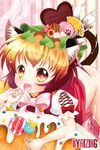  animal_ears blonde_hair blush bow brown_hair cake candy cat_ears cat_tail chen earrings fang food fruit hat in_food jewelry lollipop multicolored_hair no_panties open_mouth orange oversized_object puffy_sleeves short_hair short_sleeves solo tail takamoto_akisa touhou two-tone_hair 