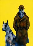  cravat dalmatian dog expressionless fedora hands_in_pockets hat highres inkblot kinakosamurai looking_at_viewer mask rorschach simple_background trench_coat watchmen yellow_background 