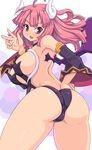  ass back bare_shoulders detached_sleeves fang highres horns kihaiu la_pucelle long_hair looking_at_viewer looking_back maou_prier no_legwear pink_hair prier red_eyes revealing_clothes v 