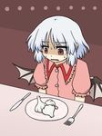  bat_wings brown_eyes dress fang food fork garlic knife kurokoori open_mouth plate puffy_sleeves red_eyes remilia_scarlet short_hair short_sleeves silver_hair solo spoon sweat sweatdrop table touhou wings 