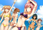  absurdres armpits arms_up bangle bikini blonde_hair bracelet brown_eyes brown_hair cloud curvy day dutch_angle eyelashes fang front-tie_top green_hair groin halter_top halterneck hands_on_hips highres idolmaster idolmaster_cinderella_girls jennifer_yamada jewelry jougasaki_mika jougasaki_rika long_hair looking_at_viewer moroboshi_kirari multiple_girls natalia_(idolmaster) navel necklace one_eye_closed open_mouth outdoors pink_hair ponytail profile purple_eyes short_hair side-tie_bikini sky smile swimsuit totoki_airi two_side_up water waving yellow_eyes 