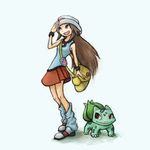  bag blue_(pokemon) brown_eyes brown_hair bulbasaur gen_1_pokemon hat hunger long_hair loose_socks open_mouth pleated_skirt pokegear pokemon pokemon_(creature) pokemon_(game) porkpie_hat satchel skirt sleeveless socks wristband 