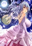  absurdres amasora_taichi bare_shoulders blue_hair breasts brown_eyes cloud dress elbow_gloves full_moon gengan gloves gourd hair_ornament hair_stick headdress heart highres holding huge_breasts koihime_musou long_hair moon night night_sky sky smile solo 