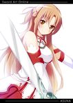  &gt;:) armor asuna_(sao) bare_shoulders blush braid brown_eyes brown_hair character_name copyright_name detached_sleeves elbow_gloves gloves holding long_hair looking_at_viewer ok-ray skirt smile solo sword sword_art_online v-shaped_eyebrows weapon yellow_eyes 