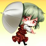  blush_stickers chibi gradient gradient_background green_hair holding kazami_yuuka kimagure_ringo outstretched_arm outstretched_hand plaid red_eyes short_hair solo touhou umbrella 