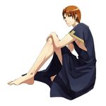  asurafkmt barefoot black_eyes brown_hair caster_(fate/zero) caster_(fate/zero)_(cosplay) cosplay dress earrings fate/zero fate_(series) jewelry male_focus sitting solo uryuu_ryuunosuke 