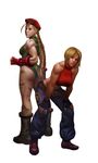  antenna_hair ass belt beret blonde_hair blue_eyes blue_mary boots braid breasts cammy_white camouflage fingerless_gloves gloves hands_on_own_knees hat large_breasts leotard lips long_hair multiple_girls puckered_lips razvan realistic short_hair sideboob street_fighter the_king_of_fighters twin_braids 
