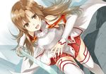  armor asuna_(sao) bare_shoulders breastplate brown_eyes brown_hair detached_sleeves heirou holding long_hair open_mouth pleated_skirt skirt solo sword sword_art_online thighhighs weapon white_legwear 