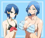  :/ aqua_eyes arms_behind_back bangs bikini black_bikini blue_background blue_bikini blue_hair blush bow bow_bikini breasts cleavage collarbone eyebrows_visible_through_hair frame frilled_bikini frills from_side grey_eyes hair_ornament hairclip halterneck height_difference hips hokuto_(tokuho) inazuma_eleven inazuma_eleven_(series) kurakake_clara large_breasts light_smile long_hair looking_at_viewer multicolored_hair multiple_girls navel parted_bangs red_bow shiny shiny_skin short_hair_with_long_locks sideboob sidelocks small_breasts smile strap_gap swimsuit underboob upper_body urubida white_bikini white_hair 