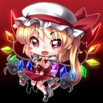  ascot blonde_hair chibi flandre_scarlet gradient gradient_background hat hat_ribbon holding kimagure_ringo laevatein outline red_eyes ribbon side_ponytail solo touhou wings wrist_cuffs 