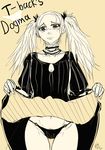  cavalry_(maslow) choker dragon's_dogma dress dress_lift jewelry long_hair long_sleeves monochrome navel necklace panties pubic_hair pubic_hair_peek puffy_long_sleeves puffy_sleeves selene_(dragon's_dogma) solo thigh_gap twintails underwear 