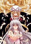  blonde_hair bow feathers fujiwara_no_mokou gloves hair_bow hat hat_ribbon long_hair multiple_girls red_eyes ribbon rindou_matsuri silver_hair smile suspenders touhou upper_body very_long_hair white_gloves yakumo_yukari 