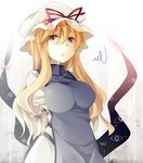  arms_behind_back bad_id bad_pixiv_id blonde_hair breasts colorized dress gap hair_ribbon hat hat_ribbon highres impossible_clothes impossible_dress kuran_(mkmrl) large_breasts long_hair looking_at_viewer purple_eyes ribbon rioshi solo tabard touhou yakumo_yukari 