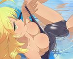  ahoge areolae blonde_hair blush breasts cleavage downblouse from_above green_eyes hands highres hoshii_miki idolmaster idolmaster_(classic) large_breasts long_hair lying nipple_slip nipples on_back one-piece_swimsuit partially_submerged pulled_by_self school_swimsuit shinjiro smile solo spread_legs strap_pull swimsuit tongue water 