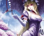  blonde_hair breasts cleavage dress elbow_gloves flower gloves hat hydrangea iseki_(kuroshura_no_tabiji) large_breasts lips long_hair purple_dress purple_eyes rain rainbow ribbon solo touhou umbrella upper_body very_long_hair white_gloves yakumo_yukari 