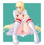  anus bangs blonde_hair blunt_bangs boots breasts censored dress frills jeibii knee_boots lili_(tekken) long_hair looking_at_viewer medium_breasts nipples panties panty_pull parted_lips pussy sitting solo tekken tekken_6 tsurime two-tone_background underwear white_panties 