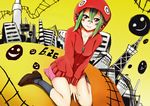  breasts cleavage facial_mark green_hair gumi hood hoodie matryoshka_(vocaloid) medium_breasts scary_v2 shoes sitting skirt socks solo v_arms vocaloid wariza yellow_eyes zipper 