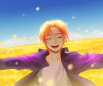  bad_id bad_pixiv_id fate/zero fate_(series) field flower jacket male_focus orange_hair outstretched_arms purple_jacket red_eyes smile solo takigi uryuu_ryuunosuke 