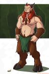  banana beard clothing cord ear_piercing facial_hair food fruit fur hair holtzmann hooves horn loincloth male muscular muscular_male piercing red_eyes red_hair satyr scar slightly_chubby smile wormwood_(holtzmann) 