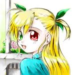  blonde_hair green_eyes heterochromia jason_(kaiten_kussaku_kikou) long_hair looking_back lyrical_nanoha mahou_shoujo_lyrical_nanoha_strikers open_mouth red_eyes smile solo vivio 