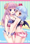  :d ass bat_wings bikini blue_hair blush bracelet breasts character_name cleavage dimples_of_venus double_bun fang fang_out frilled_bikini frills holding_hands irori jewelry long_hair looking_at_viewer medium_breasts multiple_girls navel open_mouth patchouli_knowledge purple_hair red_eyes remilia_scarlet smile striped striped_bikini striped_swimsuit swimsuit touhou vertical-striped_bikini vertical_stripes wings 