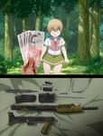  1girl assault_rifle blonde_hair blue_eyes bow bow_tie bowtie british bullpup field_stripping forest gun joke l85a1_(upotte!!) money nature o_o pun rifle school_uniform serafuku short_hair skirt solo tree trees upotte!! weapon 