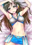  armpits arms_up bare_shoulders blush breasts brown_eyes brown_hair cleavage headphones headset highres idolmaster idolmaster_cinderella_girls jewelry looking_at_viewer lying medium_breasts midriff miniskirt navel necklace nitta_minami shiny shiny_skin skirt solo tobimaru 