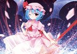  ascot bat_wings blue_hair dress fang hat highres one_eye_closed red_eyes remilia_scarlet short_hair smile solo spear_the_gungnir touhou wings yuzuki_(blossom) 