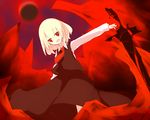  blonde_hair ex-rumia long_skirt long_sleeves moon necktie open_mouth outstretched_arms poketo red_eyes red_moon red_neckwear rumia short_hair skirt smile solo sword touhou weapon 