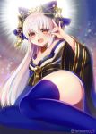  1girl bangs bare_shoulders blonde_hair blush breasts cleavage cosplay detached_collar eyebrows_visible_through_hair fate/extra fate/grand_order fate_(series) hair_ornament horns japanese_clothes kiyohime_(fate/grand_order) long_hair looking_at_viewer medium_breasts minamo25 open_mouth red_eyes smile solo tamamo_(fate)_(all) tamamo_no_mae_(fate) tamamo_no_mae_(fate)_(cosplay) thighhighs 