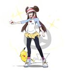  bad_id bad_pixiv_id black_legwear blue_eyes brown_hair double_bun electricity gen_1_pokemon holding holding_poke_ball legwear_under_shorts long_hair mei_(pokemon) outstretched_arm pantyhose pikachu poke_ball pokemon pokemon_(creature) pokemon_(game) pokemon_bw2 raglan_sleeves shorts smile twintails ume_(plumblossom) visor_cap 