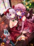  bare_shoulders bat_wings braid breasts cleavage couch gift hairband hat highres izayoi_sakuya jewelry large_breasts multiple_girls necklace open_mouth pearl_necklace purple_eyes purple_hair red_eyes remilia_scarlet ribbon sakura_ran santa_costume short_hair silver_hair smile stained_glass stuffed_animal stuffed_toy teddy_bear touhou twin_braids wings 