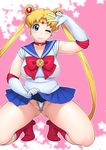  bishoujo_senshi_sailor_moon blonde_hair blue_eyes blue_sailor_collar blue_skirt blush boots bow breasts choker double_bun earrings elbow_gloves gloves hair_ornament jewelry jinroku knee_boots large_breasts long_hair magical_girl one_eye_closed panties pleated_skirt plump pubic_hair red_bow red_choker sailor_collar sailor_moon sailor_senshi_uniform skirt skirt_lift solo thick_thighs thighs thong tiara tsukino_usagi twintails underwear v_over_eye very_long_hair white_gloves 