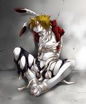  bandage blonde_hair blush bulge censored chest_tuft clothing fur hair hindpaw inumania king_kazuma lagomorph looking_at_viewer male mammal nipples nude open_mouth paws plain_background rabbit red_eyes royalty sitting solo summer_wars sweat torn_clothing tuft unknown_artist white_fur 