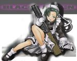  apron black_hair black_lagoon bun_cover fabiola_iglesias gloves green_eyes grenade_launcher hair_bun maid mary_janes shoes socks solo taka_(pixiv33768) weapon 