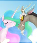  antler antlers cloud discord_(mlp) draconequus duo equine eyes_closed female feral friendship_is_magic hair horn horse male mammal mn27 multi-colored_hair my_little_pony pony princess princess_celestia_(mlp) red_eyes royalty sky smile smug sparkles winged_unicorn wings 