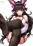  animal_ears ass azur_lane bangs bare_shoulders black_hair black_legwear blush bow breasts brown_eyes bunny_ears bunnysuit collar collarbone commentary_request crossed_legs earrings eyebrows_visible_through_hair fake_animal_ears foot_up garter_straps glitter gold hair_bow hair_flaps hair_ornament headband highres holding_legs jewelry lace lace-trimmed_thighhighs large_breasts leotard light_particles long_hair looking_at_viewer nail_polish pillow pink_bow ponytail red_nails sakiyamama signature simple_background solo star star_hair_ornament studded takao_(azur_lane) thighhighs very_long_hair white_background wrist_cuffs 
