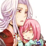  1boy 1girl alexei_(tales_of_vesperia) alexei_dinoia armor blush estellise_sidos_heurassein eyes_closed gauntlets gloves hair_grab open_mouth pink_hair red_eyes ribbon saliva short_hair shoulder_pads sleeping tales_of_(series) tales_of_vesperia white_hair young younger 