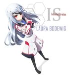  blush boots crossed_arms eyepatch grune highres infinite_stratos laura_bodewig long_hair looking_at_viewer red_eyes silver_hair solo standing 