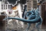  3_toes black_eyes blue_skin building car city claws cloverfield destruction gmadgw godzilla_(series) kaiju spines teeth toe_claws vehicle white_skin yellow_eyes zilla 