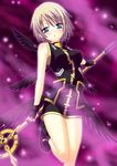  black_wings blonde_hair blush lyrical_nanoha mahou_shoujo_lyrical_nanoha_strikers saki_chisuzu schwertkreuz short_hair skirt staff thighs wings yagami_hayate 