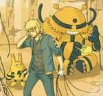 antennae black_eyes blonde_hair buttons cable chain claws denim denji_(pokemon) electivire electric_plug electric_socket elekid fur gen_2_pokemon gen_4_pokemon gloves grin gym_leader hand_on_head hand_to_own_mouth holding index_finger_raised jacket jeans k_knuckle light_smile lightning_bolt looking_down open_clothes open_jacket pants plug pokemon pokemon_(creature) pokemon_(game) pokemon_dppt red_sclera shadow shirt short_hair sitting size_difference sleeves_rolled_up slit_pupils smile spiked_hair standing striped wavy_mouth 