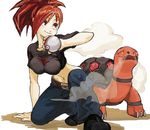  asuna_(pokemon) breasts crop_top cue_(seihattou) denim gen_3_pokemon gym_leader holding holding_poke_ball impossible_clothes impossible_shirt jeans large_breasts long_hair midriff navel one_knee pants poke_ball pokemon pokemon_(creature) pokemon_(game) pokemon_rse ponytail red_eyes red_hair shirt smile steam torkoal 