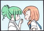  blush blush_stickers brown_hair goncccc green_eyes green_hair japanese_clothes long_hair miko multiple_girls ponytail saki school_uniform serafuku takei_hisa takimi_haru 