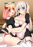  animal_ears apron ass bed blonde_hair blue_eyes blush cat_ears hair_ribbon long_hair mabinogi maid maid_apron maid_headdress multiple_girls nao nao_(mabinogi) open_mouth panties red_eyes ribbon sitting smile striped striped_panties thighhighs twintails umitsubame underwear wariza white_hair yuri 